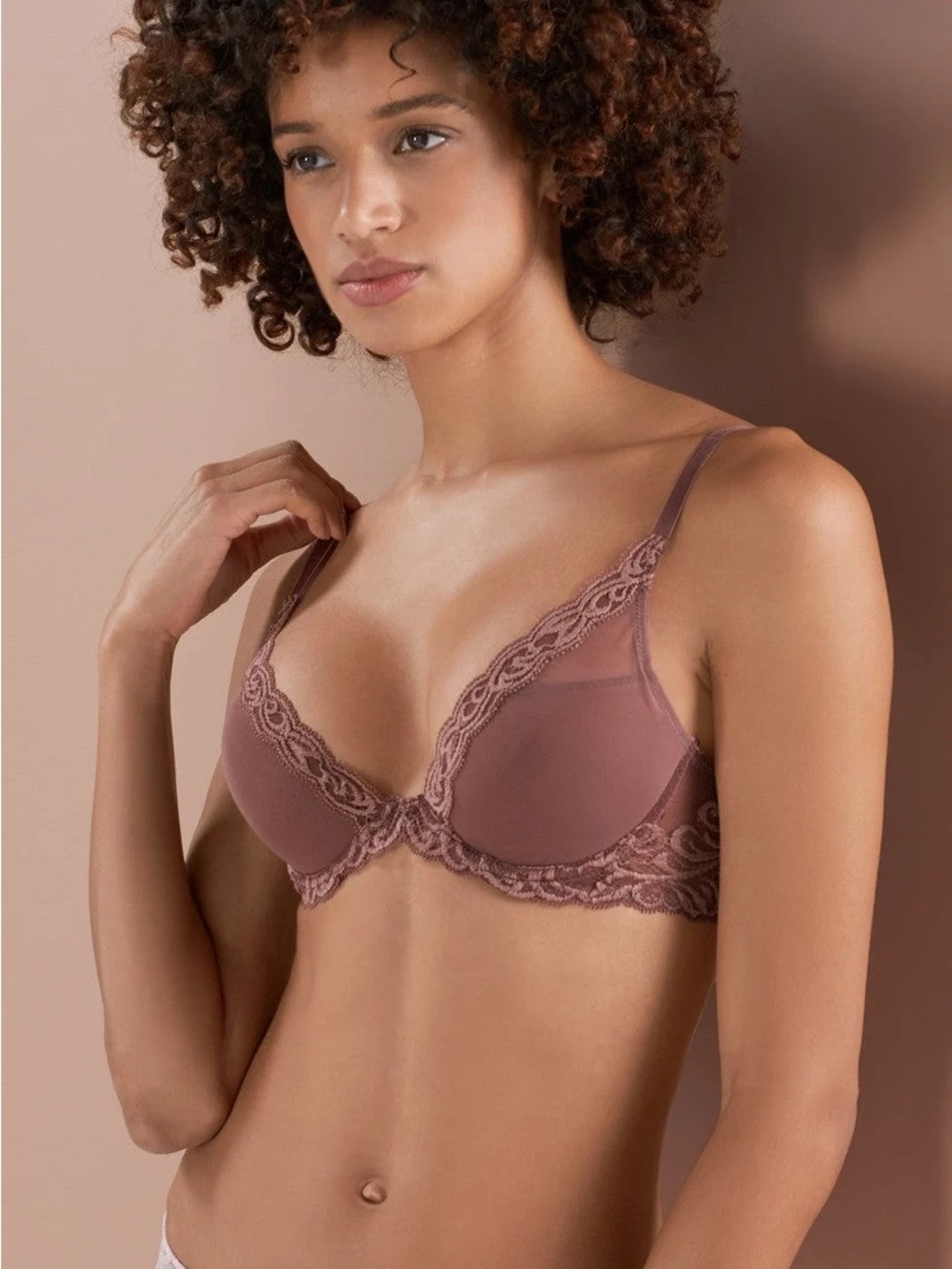 34B Natori “Feathers” deep plunge t-shirt bra in Cinnamon